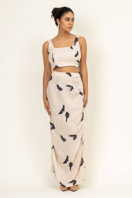 Shop Doodlage Cream Cotton Square Neck Foliage Paint Print Crop Top With Skirt Online at Aza Fashions Shop_Doodlage_Cream Cotton Square Neck Foliage Paint Print Crop Top With Skirt _Online_at_Aza_Fashions