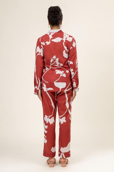 Shop Doodlage Maroon Cotton Embroidery Collared Canna Bloom Print Shirt With Pant at Aza Fashions Shop_Doodlage_Maroon Cotton Embroidery Collared Canna Bloom Print Shirt With Pant _at_Aza_Fashions