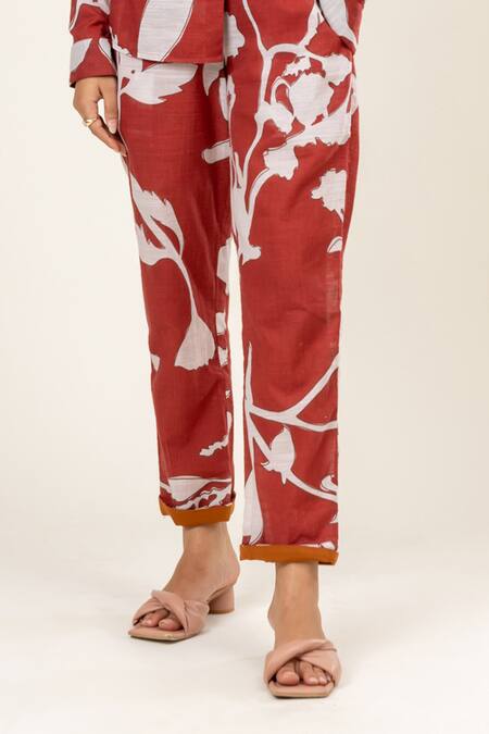 Buy Doodlage Maroon Cotton Embroidery Collared Canna Bloom Print Shirt With Pant Online at Aza Fashions Buy_Doodlage_Maroon Cotton Embroidery Collared Canna Bloom Print Shirt With Pant _Online_at_Aza_Fashions