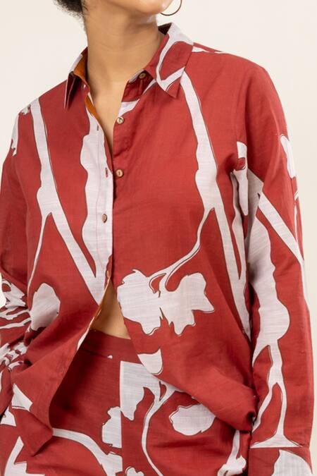 Doodlage Maroon Cotton Embroidery Collared Canna Bloom Print Shirt With Pant at Aza Fashions Doodlage_Maroon Cotton Embroidery Collared Canna Bloom Print Shirt With Pant _at_Aza_Fashions
