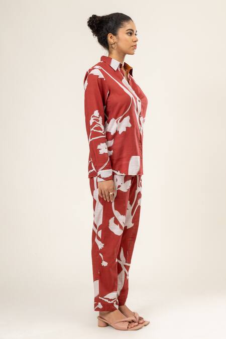 Buy Doodlage Maroon Cotton Embroidery Collared Canna Bloom Print Shirt With Pant Buy_Doodlage_Maroon Cotton Embroidery Collared Canna Bloom Print Shirt With Pant
