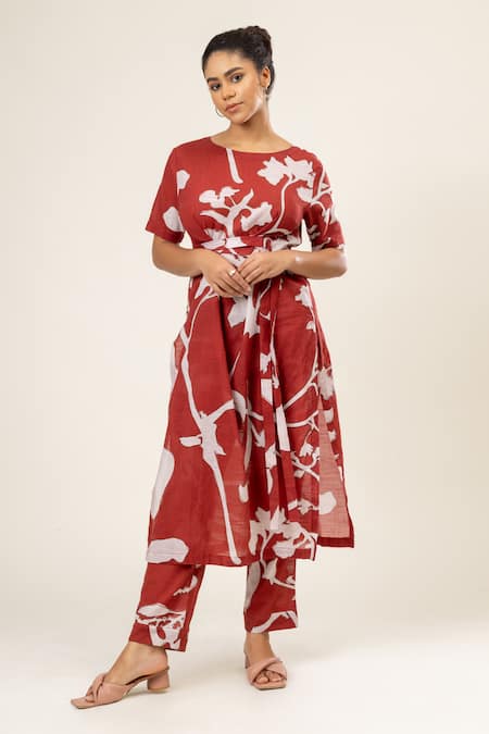 Doodlage Cockscomb Bloom Print Belted Tunic With Pant 