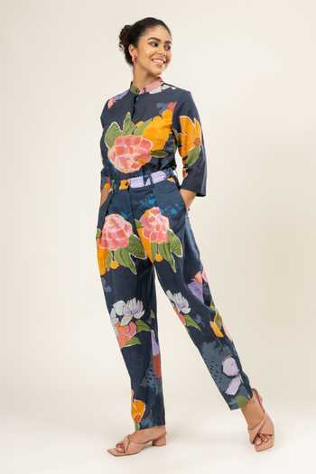 Doodlage_Multi Color Cotton Embroidery Mandarin Midnight Blossom Print Shirt With Pant _Online_at_Aza_Fashions