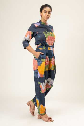 Shop_Doodlage_Multi Color Cotton Embroidery Mandarin Midnight Blossom Print Shirt With Pant _Online_at_Aza_Fashions