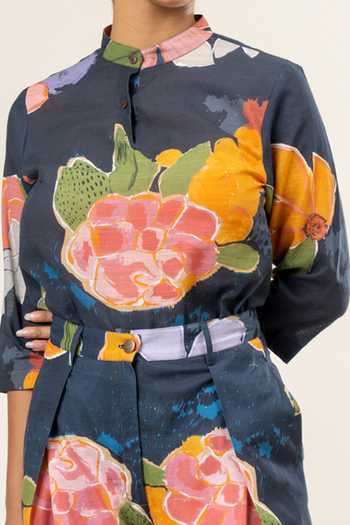 Doodlage_Multi Color Cotton Embroidery Mandarin Midnight Blossom Print Shirt With Pant _at_Aza_Fashions