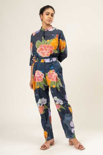 Buy_Doodlage_Multi Color Cotton Embroidery Mandarin Midnight Blossom Print Shirt With Pant 