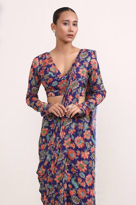 Miku Kumar Purple Georgette Sequins, Embroidery Jasmine Print Pre-draped Saree With Choli Online at Aza Fashions Miku Kumar_Purple Georgette Sequins, Embroidery Jasmine Print Pre-draped Saree With Choli _Online_at_Aza_Fashions