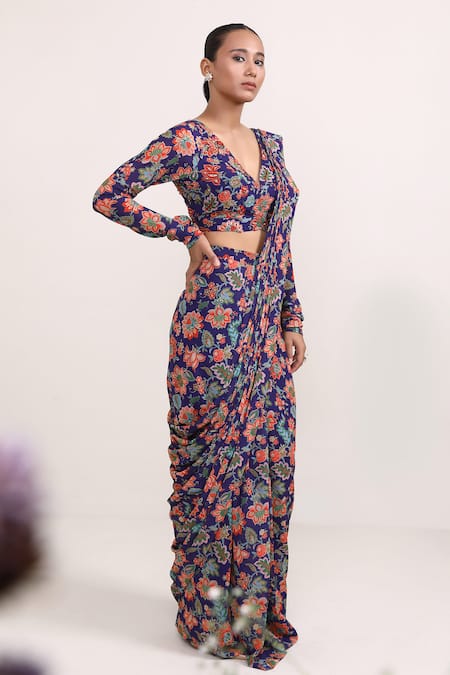 Buy_Miku Kumar_Purple Georgette Sequins, Embroidery Jasmine Print Pre-draped Saree With Choli _Online_at_Aza_Fashions