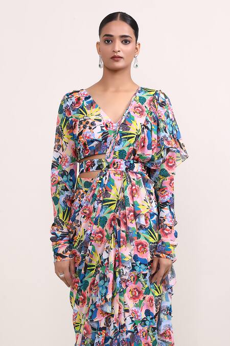 Miku Kumar_Multi Color Georgette Embroidery, Dahlia Ruffle Pre-draped Saree With Choli _Online_at_Aza_Fashions