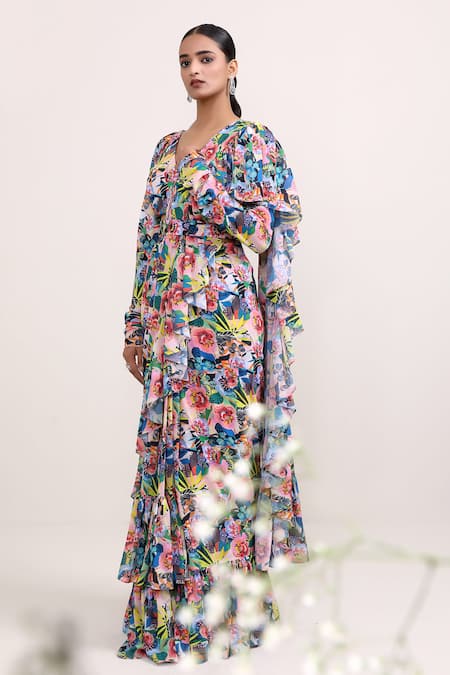 Buy_Miku Kumar_Multi Color Georgette Embroidery, Dahlia Ruffle Pre-draped Saree With Choli _Online_at_Aza_Fashions