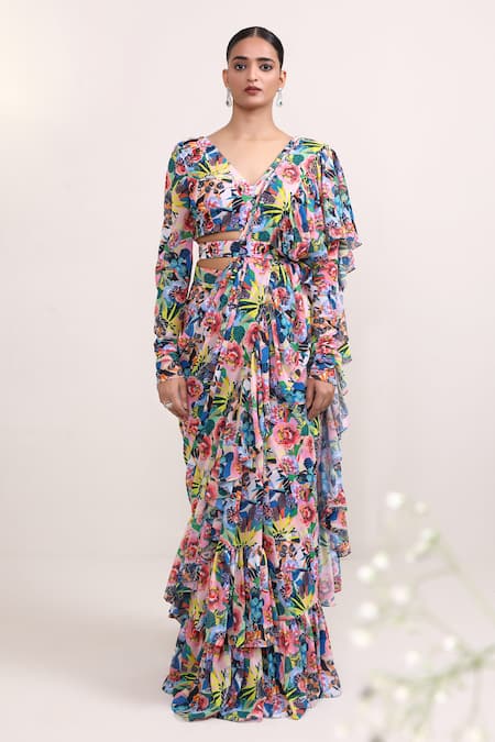 Shop_Miku Kumar_Multi Color Georgette Embroidery, Dahlia Ruffle Pre-draped Saree With Choli _Online_at_Aza_Fashions