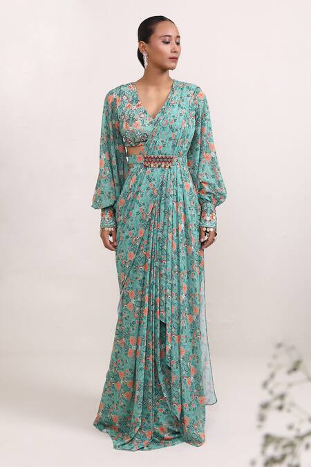 Miku Kumar_Green Georgette Cut Work, Magnolia Floral Print Pre-draped Saree With Choli _Online_at_Aza_Fashions