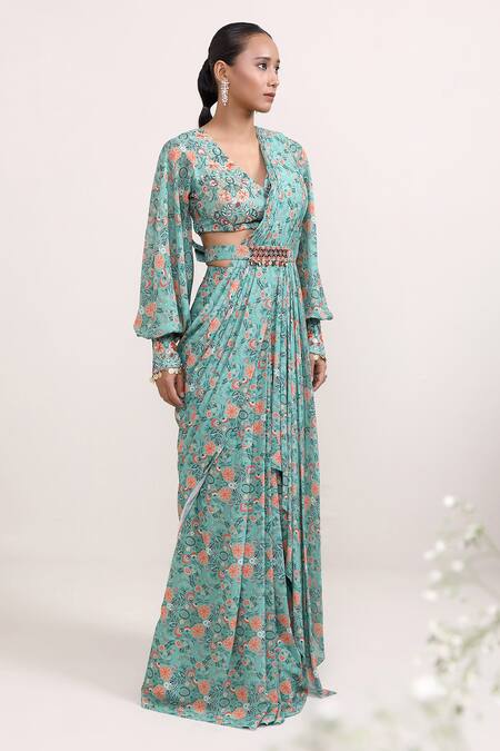 Shop_Miku Kumar_Green Georgette Cut Work, Magnolia Floral Print Pre-draped Saree With Choli _Online_at_Aza_Fashions