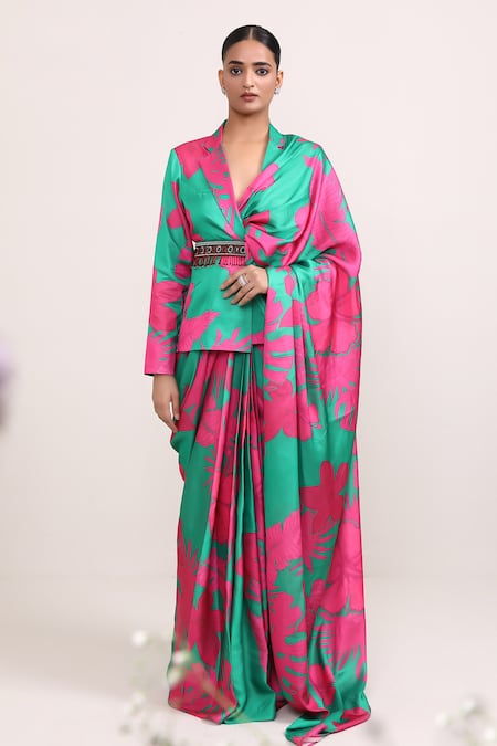 Miku Kumar Silk Daisy Printed Pre-Draped Saree With Blazer 