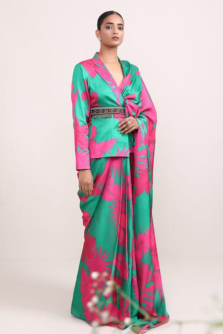Miku Kumar_Pink Silk Beads Collared Daisy Printed Pre-draped Saree With Blazer _Online_at_Aza_Fashions