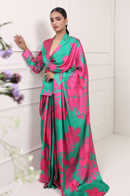 Buy_Miku Kumar_Pink Silk Beads Collared Daisy Printed Pre-draped Saree With Blazer _Online_at_Aza_Fashions