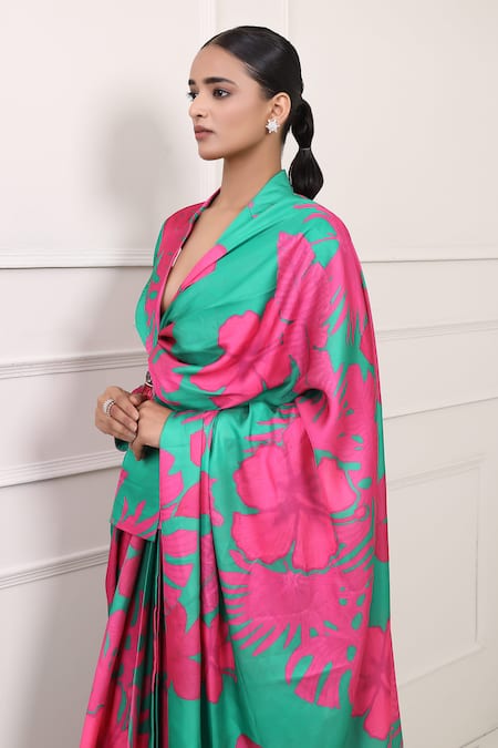 Shop_Miku Kumar_Pink Silk Beads Collared Daisy Printed Pre-draped Saree With Blazer _Online_at_Aza_Fashions