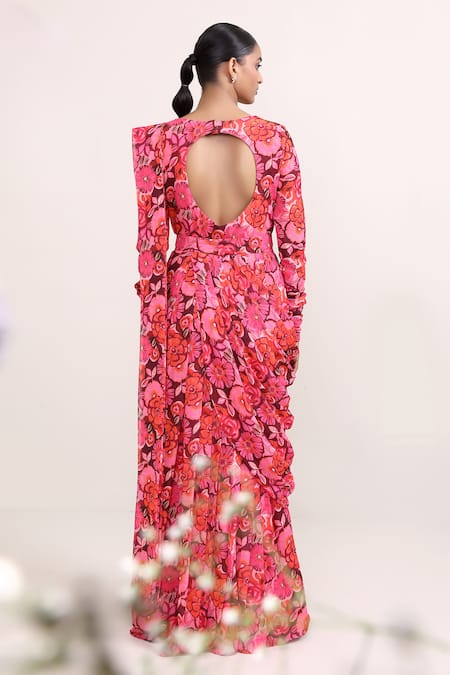 Miku Kumar Floral Print Draped Saree Gown With Belt 