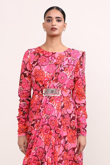 Miku Kumar_Silver Georgette Embroidery Round Neck Floral Print Draped Saree Gown With Belt _Online_at_Aza_Fashions