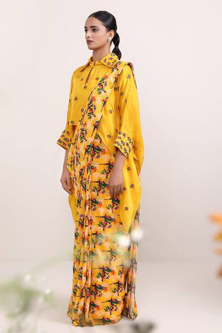 Buy_Miku Kumar_Yellow Georgette, Satin Embroidery Marigold Printed Pre-draped Saree With Cape _Online_at_Aza_Fashions