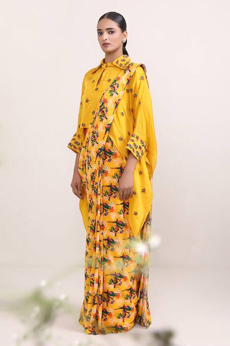 Shop_Miku Kumar_Yellow Georgette, Satin Embroidery Marigold Printed Pre-draped Saree With Cape _Online_at_Aza_Fashions