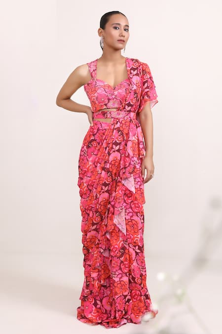 Miku Kumar Pink Georgette Printed Floral Daffodil Pre-draped Saree With Blouse  