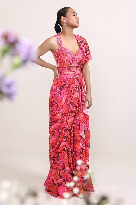 Shop_Miku Kumar_Pink Georgette Embroidery Daffodil Printed Pre-draped Saree With Blouse _Online_at_Aza_Fashions