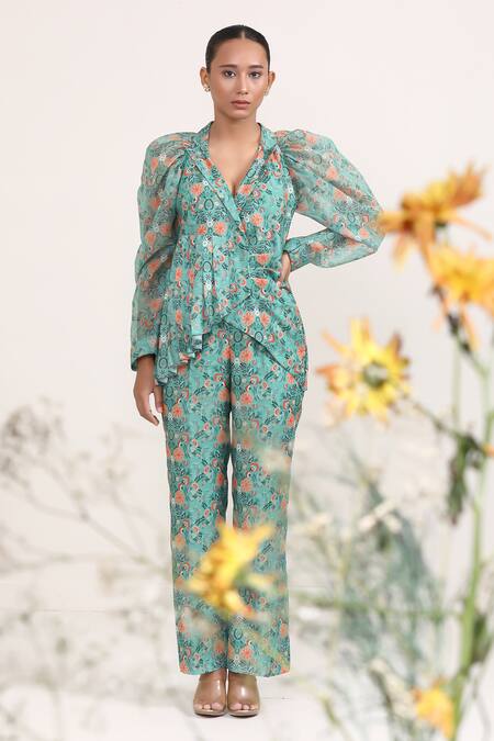 Miku Kumar_Green Chanderi Silk, Organza V-neck Aboli Flower Print Jacket And Sharara Set _Online_at_Aza_Fashions