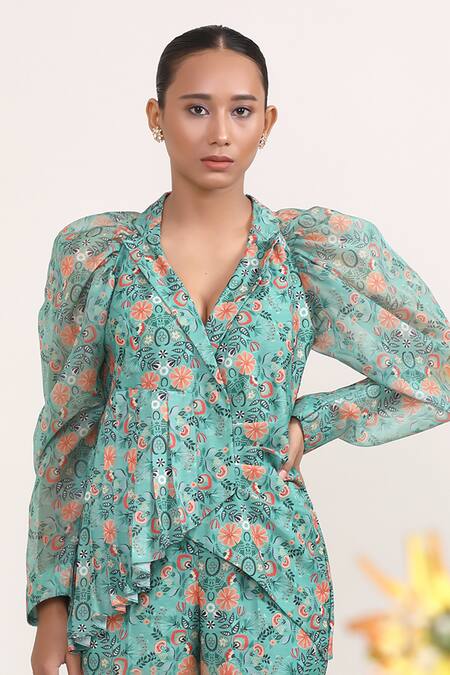 Buy_Miku Kumar_Green Chanderi Silk, Organza V-neck Aboli Flower Print Jacket And Sharara Set _Online_at_Aza_Fashions