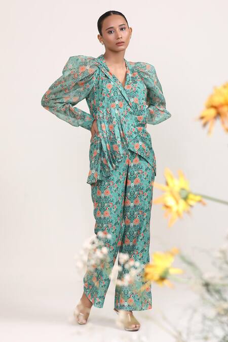 Miku Kumar_Green Chanderi Silk, Organza V-neck Aboli Flower Print Jacket And Sharara Set _at_Aza_Fashions