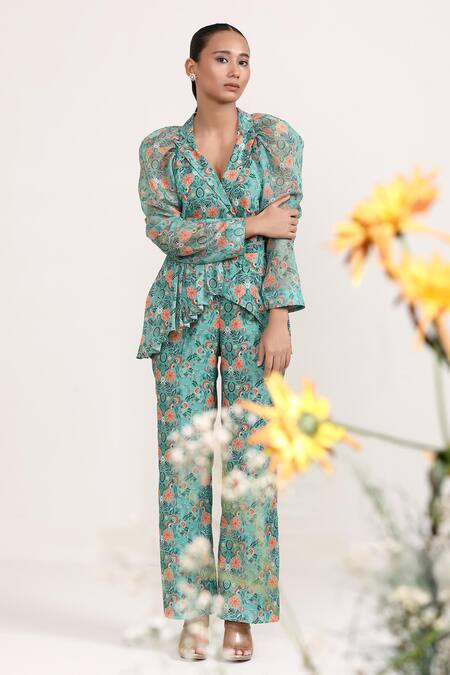 Buy_Miku Kumar_Green Chanderi Silk, Organza V-neck Aboli Flower Print Jacket And Sharara Set 