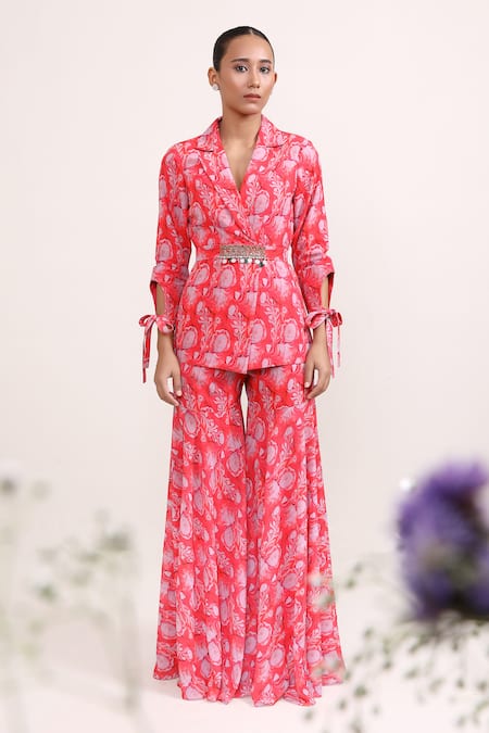 Miku Kumar_Red Georgette Embroidery Collared Carnation Floral Print Jacket And Sharara Set _Online_at_Aza_Fashions