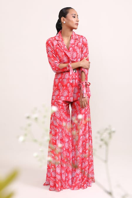 Buy_Miku Kumar_Red Georgette Embroidery Collared Carnation Floral Print Jacket And Sharara Set _Online_at_Aza_Fashions