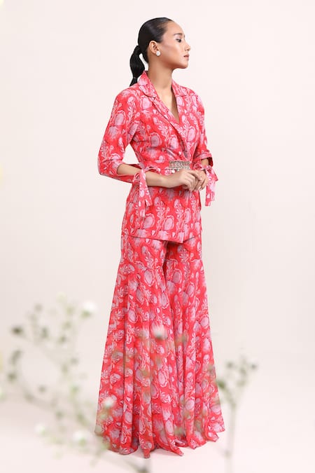 Shop_Miku Kumar_Red Georgette Embroidery Collared Carnation Floral Print Jacket And Sharara Set _Online_at_Aza_Fashions