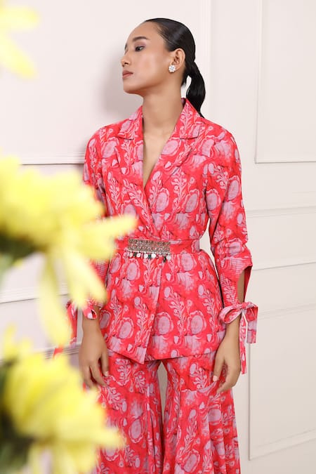 Miku Kumar_Red Georgette Embroidery Collared Carnation Floral Print Jacket And Sharara Set _at_Aza_Fashions