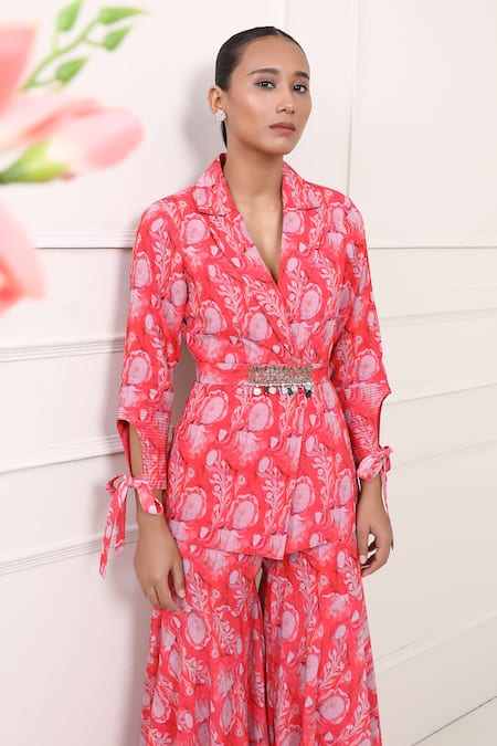 Buy_Miku Kumar_Red Georgette Embroidery Collared Carnation Floral Print Jacket And Sharara Set 