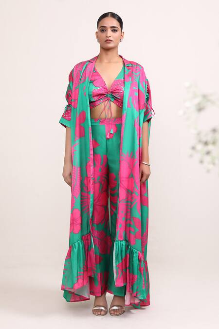 Buy_Miku Kumar_Pink Silk Embroidery V-neck Lily Print Cape Flared Pant Set _Online_at_Aza_Fashions