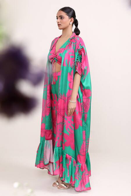 Shop_Miku Kumar_Pink Silk Embroidery V-neck Lily Print Cape Flared Pant Set _Online_at_Aza_Fashions