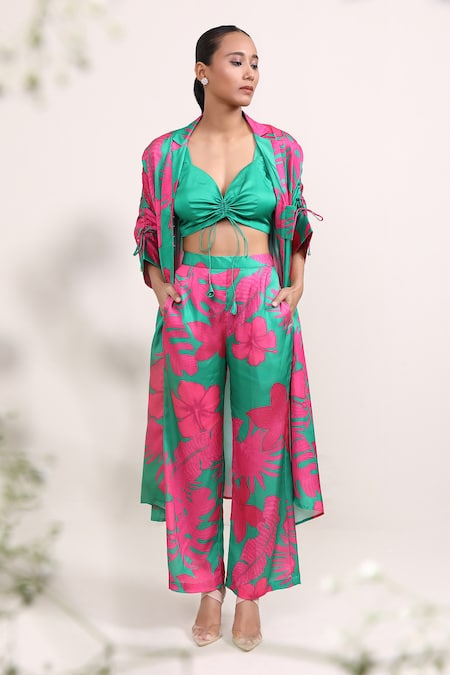 Shop_Miku Kumar_Pink Silk Sweetheart Neck Amarylis Printed Cape Pant Set _Online_at_Aza_Fashions