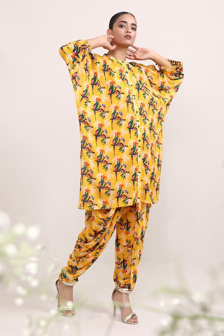 Miku Kumar Sunflower Parrot Print Kurta & Dhoti Pant Set 