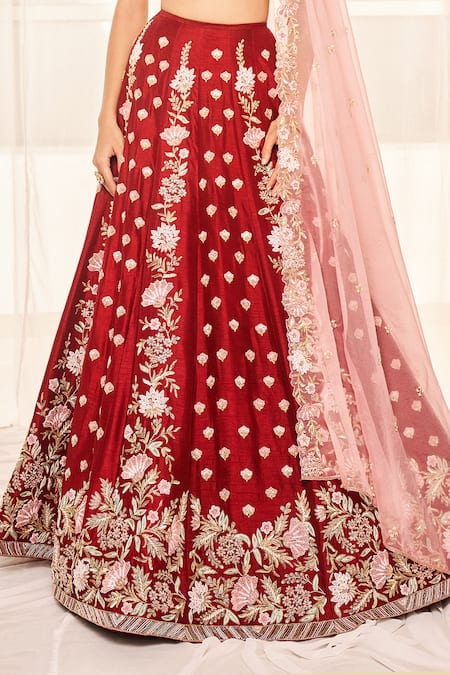 Disha Muchhala_Red Silk, Organza Zari, Embroidery V-neck Zardosi Bridal Lehenga Set _Online_at_Aza_Fashions