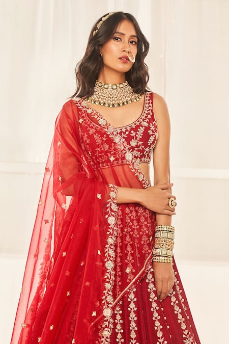 Buy Disha Muchhala Red Silk, Organza Zari, Embroidery Scoop Neck Aari Bridal Lehenga Set Online at Aza Fashions Buy_Disha Muchhala_Red Silk, Organza Zari, Embroidery Scoop Neck Aari Bridal Lehenga Set _Online_at_Aza_Fashions
