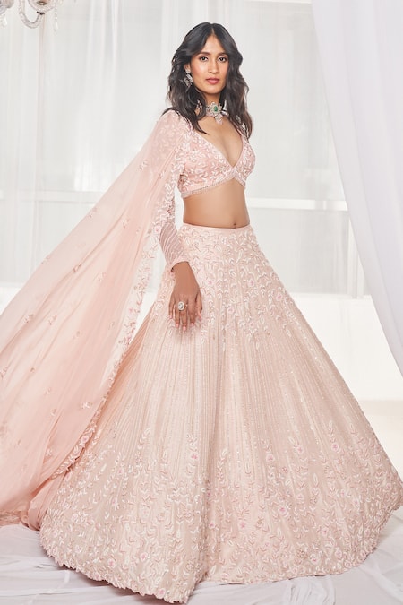 Buy_Disha Muchhala_Pink Silk, Organza Cut Work, Embroidery Plunge Neck Cutdana Bridal Lehenga Set _Online_at_Aza_Fashions