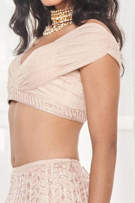 Buy_Disha Muchhala_Beige Net, Silk Embroidery, Sequins, Cut Work Blouse And Bridal Lehenga Set _Online_at_Aza_Fashions