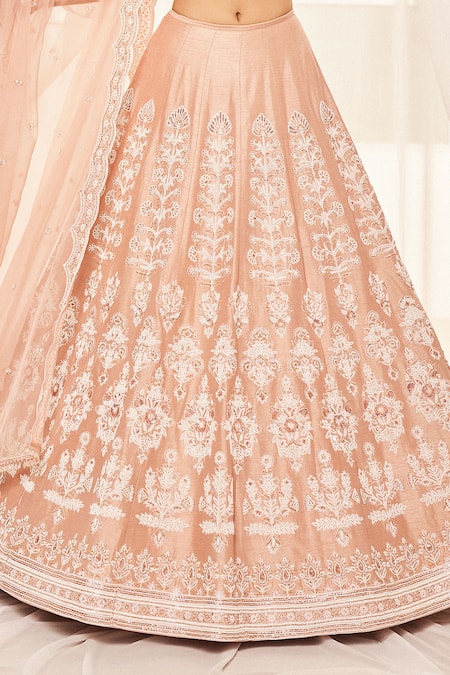 Disha Muchhala_Pink Silk, Crepe, Organza Cut Work, Pearls V-neck Embroidered Bridal Lehenga Set _Online_at_Aza_Fashions