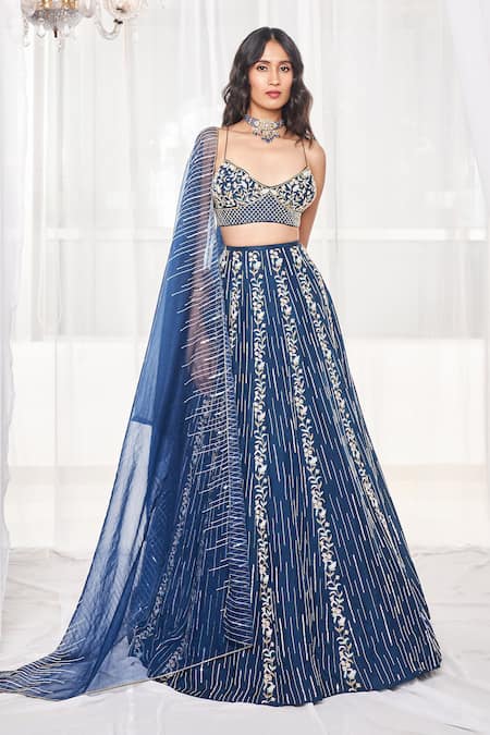 Disha Muchhala Blue Silk Embroidered Cutdana V Neck Sequins Bridal Lehenga Set 