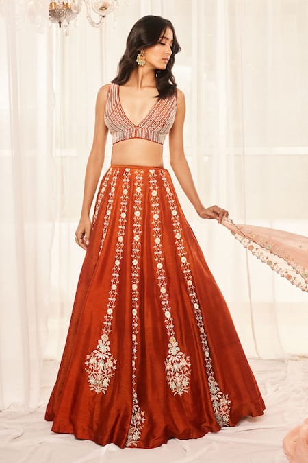 Disha Muchhala Orange Silk, Organza, Crepe Sequins, Cut Work, Embroidery Blouse Lehenga Set Online at Aza Fashions Disha Muchhala_Orange Silk, Organza, Crepe Sequins, Cut Work, Embroidery Blouse Lehenga Set _Online_at_Aza_Fashions