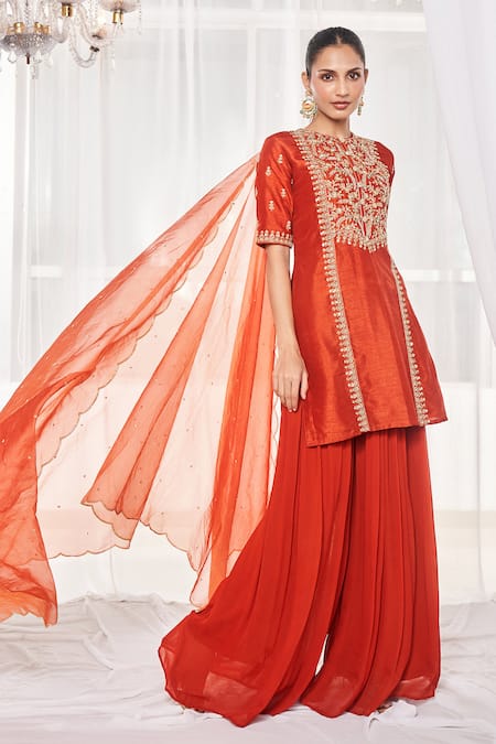 Disha Muchhala_Orange Silk, Organza, Georgette Cut Work, Embroidery Round Neck Kurta Pant Set _Online_at_Aza_Fashions