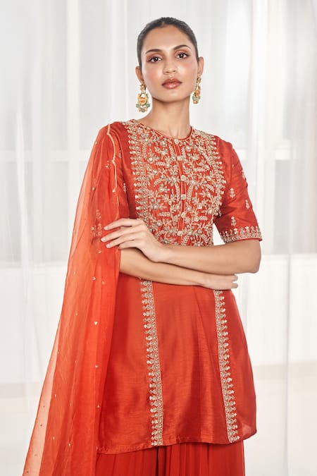 Buy_Disha Muchhala_Orange Silk, Organza, Georgette Cut Work, Embroidery Round Neck Kurta Pant Set _Online_at_Aza_Fashions