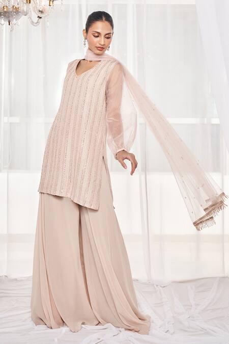 Disha Muchhala Beige Silk, Georgette, Tulle Zari, Sequins, Embroidery V-neck Kurta Pant Set Online at Aza Fashions Disha Muchhala_Beige Silk, Georgette, Tulle Zari, Sequins, Embroidery V-neck Kurta Pant Set _Online_at_Aza_Fashions